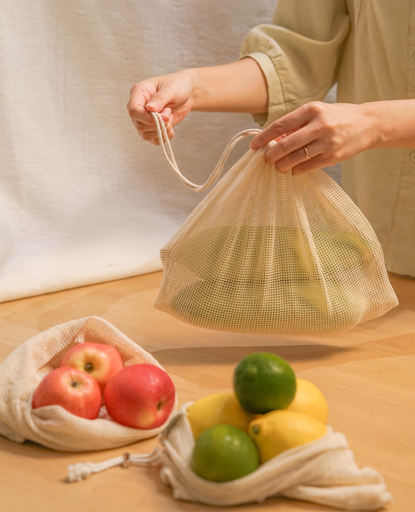 Reusable Cotton Mesh Bag Set 3 Pcs